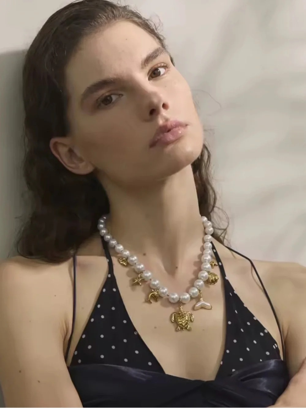 Gold Turtle Pearl Sea Life Charm Necklace